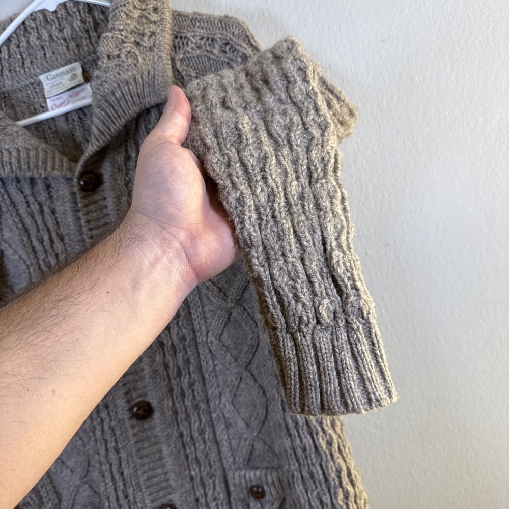 Carraig Donn Aran Sweater Cardigan Women Sz L Beige Wool Cable Knit pocket - Picture 4 of 13